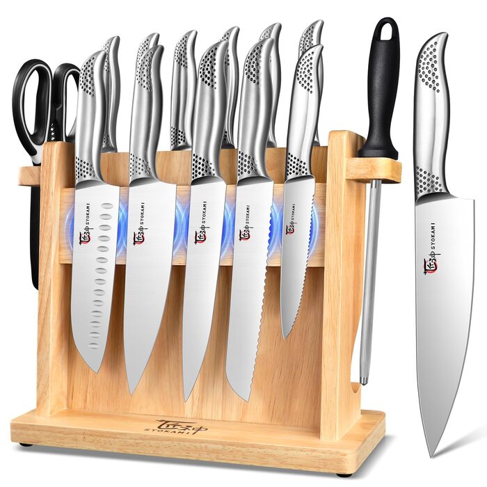 Набір кухонних ножів Messerset 7 предметів у японському стилі з магнітним блоком з акації, вуглецева сталь, нековзка ручка