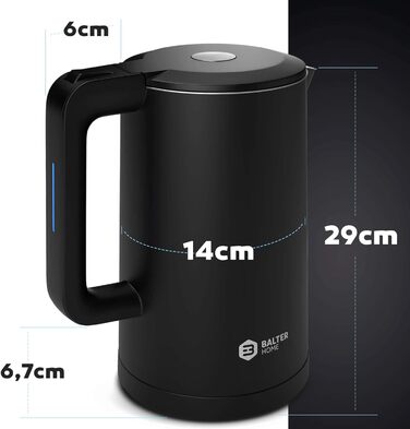 Balter Stainless Steel Kettle WK-4, 1.7 Liter, Electric Kettle, Double-Walled Design, BPA Free, LED, Compact Tea Kettle, Quiet (Black)