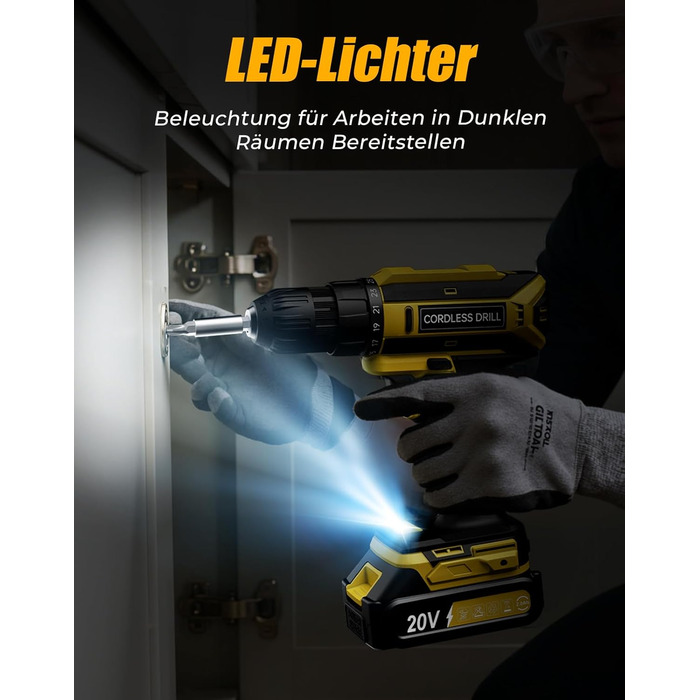 Акумуляторний шурупокрут/дрель 20V, 56 шт. у комплекті, 42Nm, LED-підсвічування, для дому та ремонту