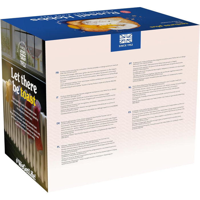 Тостер Russell Hobbs Textures+ з 2-ма тостами, чорний (850W, 6 рівнів підсмажування, підставка для бургерів, щипці)