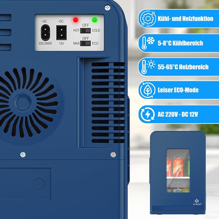 Міні-холодильник KESSER® 2в1, 15 літрів: охолодження та нагрівання, портативний, AC/DC, для авто, офісу, кемпінгу