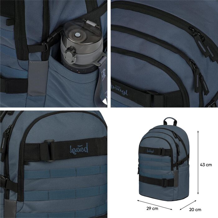 Шкільний рюкзак Baagl для хлопчиків та дівчаток-підлітків зі скейтбордом, відділенням для ноутбука та нагрудною стрічкою (Dust Blue)