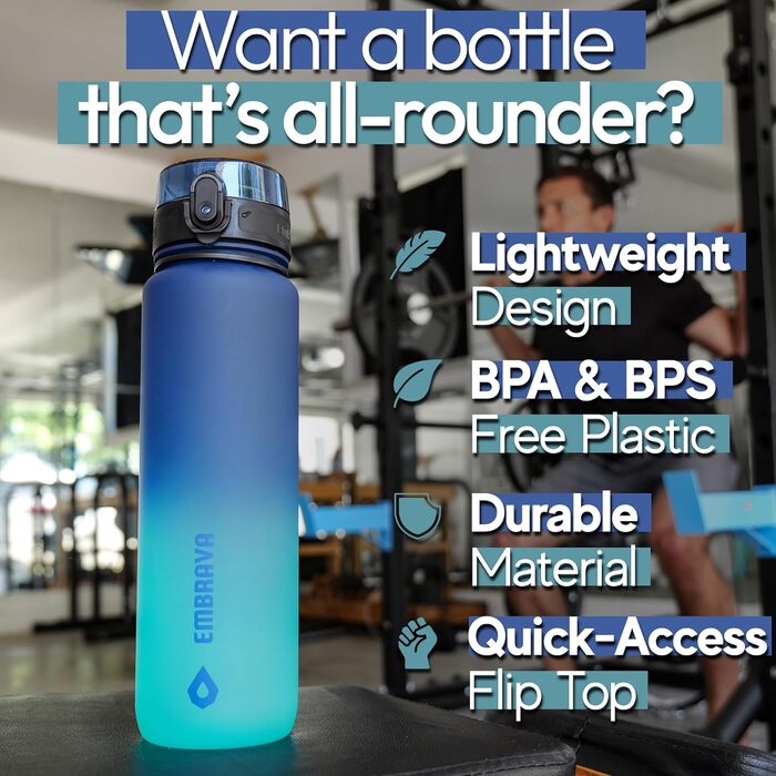 Embrava Best Sports Bottle - 1000ml - fast-flowing, flip-top leak-proof lid that opens with a click - non-toxic, BPA-free & eco-friendly Copolyester-Tritan plastic (Aqua Fusion)