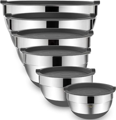 Mixing bowls with airtight lids, set of 6, stainless steel, stackable metal storage bowls, non-slip bottom, sizes 7, 3.5, and 1 QT, ideal for mixing and serving (gray)