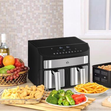 HOMCOM 8L Hot Air Fryer with Double Chamber, Air Fryer with 10 Programs, 2400W Air Fryer with Touchscreen, Recipe Book, Oil-Free, Black
