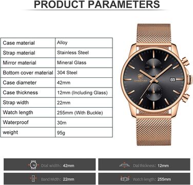 Чоловічий годинник на браслеті Mesh, кварц, аналоговий, чорний, з нержавіючої сталі, водонепроникний, хронограф, автоматична дата, Rose-gold (Рожеве золото)