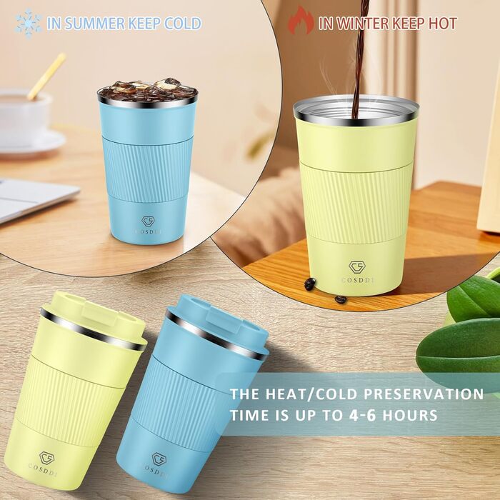 Термокружка CS COSDDI з нержавіючої сталі, 380 мл, з кришкою, для кави, води та чаю, подвійні стінки, ізольована, для подорожей та автомобіля