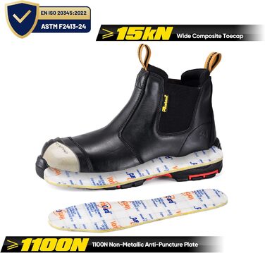Черевики робочі S3 для чоловіків та жінок, M-8025NB, захисне взуття, шкіряні, водонепроникні, дихаючі, легкі, зручні, композитний захист пальців, антипрокольна підошва, S1P (Чорний, 38 EU)