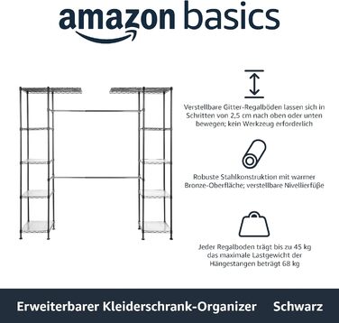 Amazon Basics Extendable Open Closet with 10 Height-Adjustable Shelves - Maximum Weight 521 kg, Black, 144.8 - 203.2 x 35.6 x 182.9 cm