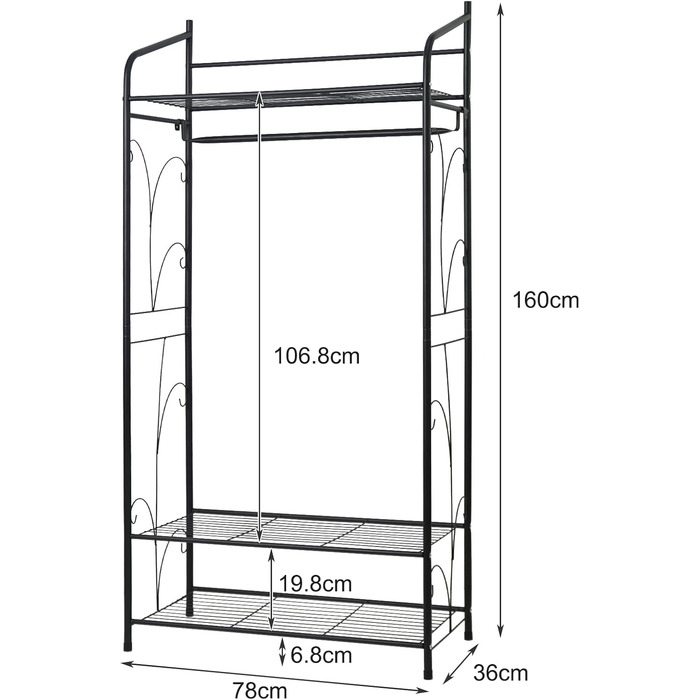 Metal Clothes Rack, Multifunctional Closet with 1 Clothes Rod and 3 Shelves, Coat Rack for Bedroom Dressing Room, 79×36×161cm