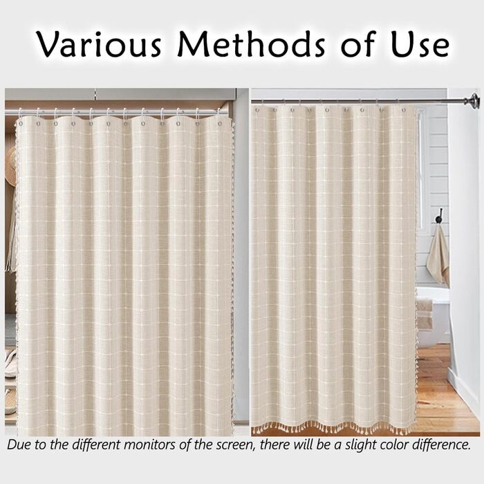 Штора для душу Boho бежева, льон, 120x180 см - сільський стиль, з пензликами