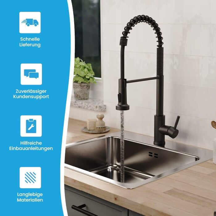 Кухонний змішувач Bächlein Nedo – поворотний на 360°, матовий чорний, з нержавіючої сталі, з гнуким виливом та висувною лійкою, для кухні