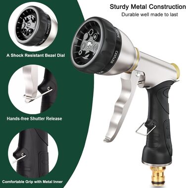 FANHAO Metal Garden Handheld Shower Head, High-Quality and Robust, 7-Function Garden Spray Gun for Garden, Car Washing, and Home Use, Multifunctional Watering Nozzle