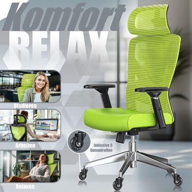 Крісло офісне KESSER® ергономічне з регульованими підлокітниками, підтримкою попереку та підголівником. Офісне крісло з функцією гойдання до 125° та 5 роликами. Зелений/Сріблястий колір