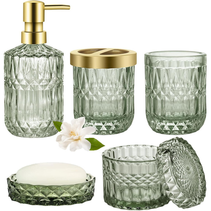 Набір аксесуарів для ванної кімнати 5 предметів, чорний дозатор для мила та лосьйону, мильничка, підставка для зубних щіток, стаканчик, склянка для ватних паличок, прозорий скляний бокс (Зелений)