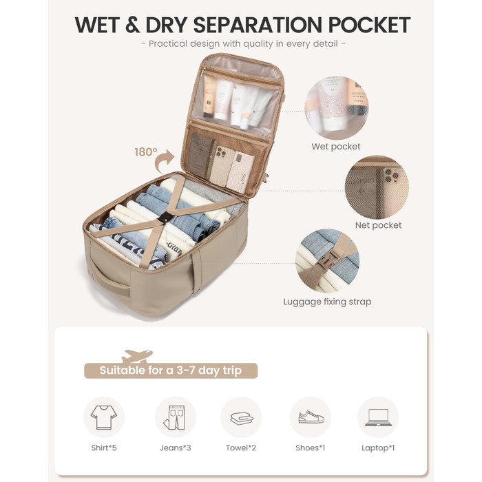 LOVEVOOK Рюкзак для ручної поклажі, 40L, для жінок, валіза-рюкзак з відділенням для ноутбука, водонепроникний, для подорожей, ділових поїздок, вихідних, Khaki-beige