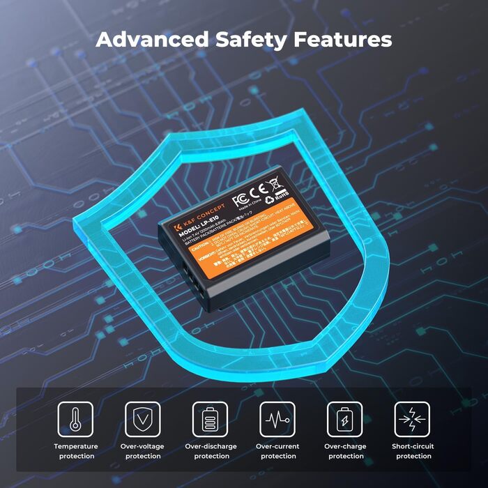 Набір акумуляторів K&F CONCEPT LP-E10 (3 шт.) з LCD-зарядним пристроєм для Canon EOS Rebel T7, T6, T5, T100, Kiss X50, X70, X80, X90, 1100D, 1200D, 1300D, 1500D, 2000D