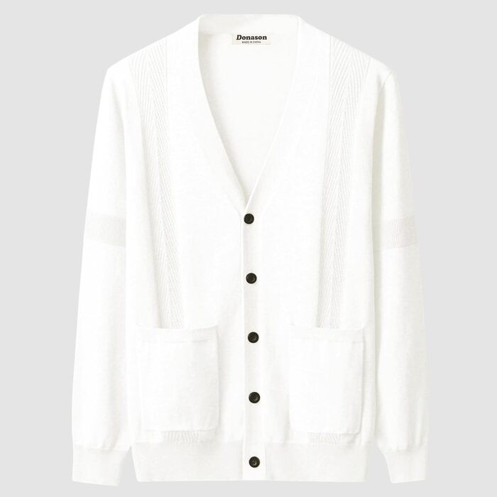 Чоловічий кардиган з в'язаного полотна, чоловічий пуловер з V-подібним вирізом, з довгими рукавами, з ґудзиками та кишенями (білий, L)