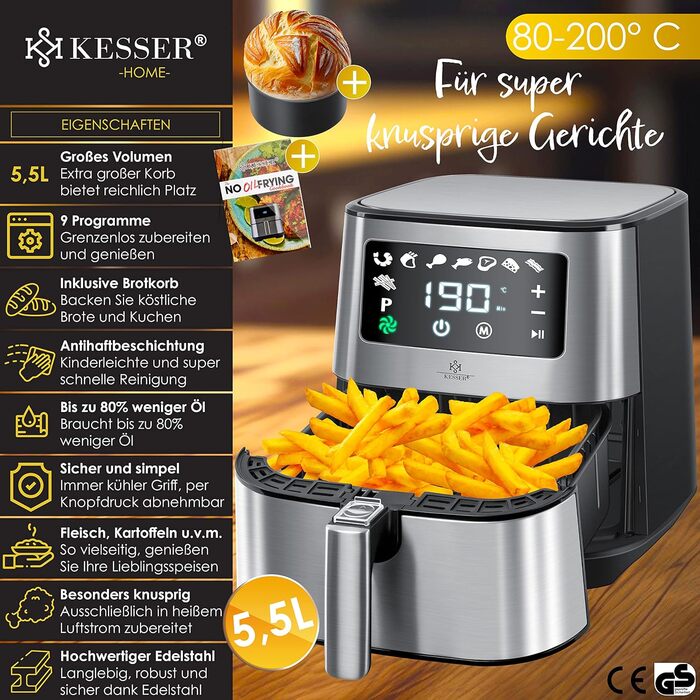 KESSER® XXL 5.5 Liter Hot Air Fryer Stainless Steel | Includes Baking Basket | 1700W Fryer Air Fryer | Touch Display | 8 Programs | Oil-Free | Oven | Hot Air | Grill | Fat-Free Silver