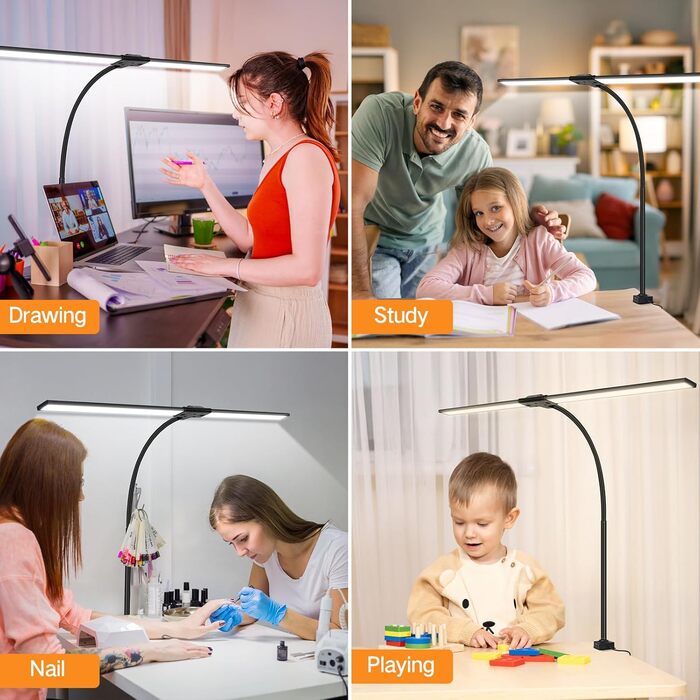 OUTON LED лампа настільна з двома головками, 85.5 см, USB-A & C, регульована яскравість 1600LM, 5 температур кольору, таймер, кріплення, для офісу та дому, чорний