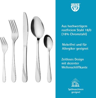 GRÄWE Cutlery Set for 12 People, 60-Piece - Stainless Steel Table Cutlery, Rust-Proof, Nickel-Free - STRALSUND Series