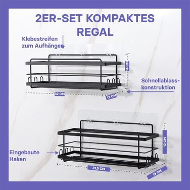 Дзеркальна поличка для душу KINCMAX з нержавіючої сталі без свердління, самоклеюча, з гачками (срібна) – хвиляста, срібна (набір з 2 шт. – пряма, чорна)