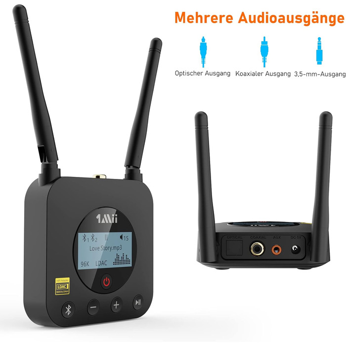 1Mii Bluetooth 5.1 Аудіо Адаптер з Низькою Затримкою aptX, 3D Surround для Підсилювача, Лаунспікерів, Оптичний/Коаксіальний/RCA AUX (B06Pro+ Medium)