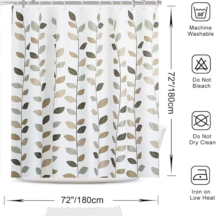 Штора для душу 180x180 см з квітами, антигрибкова, водонепроникна, швидковисихаюча, поліестер, з 12 кільцями