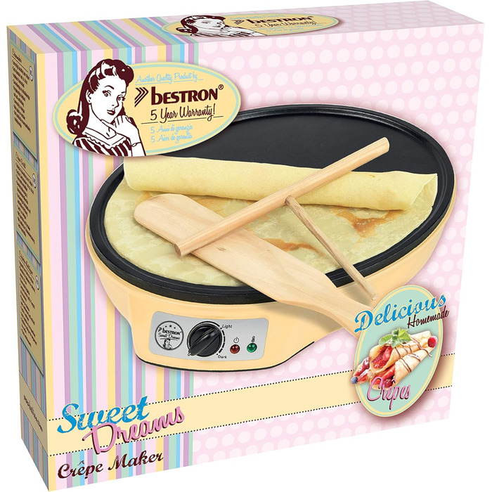 Електрична млинниця Bestron Retro, 1000 Вт, 30 см, антипригарна, жовта, з розподілювачем тіста та лопаткою для млинців