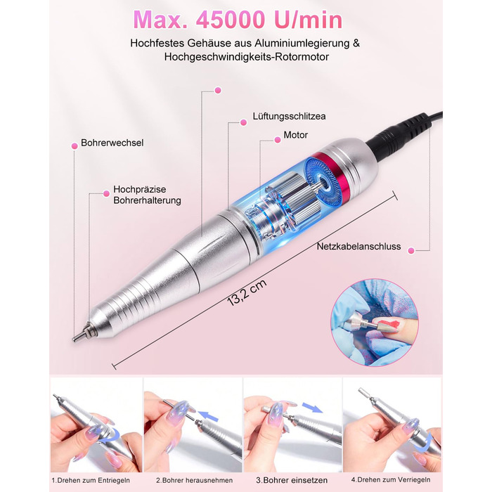 Електрична машинка для манікюру та педикюру CozyZen Professional: набір для догляду за нігтями з LCD-дисплеєм, керуванням рукою та ногою, тиха робота (рожевий)