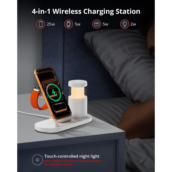 GEEKERA 25W Бездротова зарядка 4-в-1 MagSafe для iPhone 17/16/15/14/13/12, Apple Watch, AirPods + Блок живлення 45W (білий)