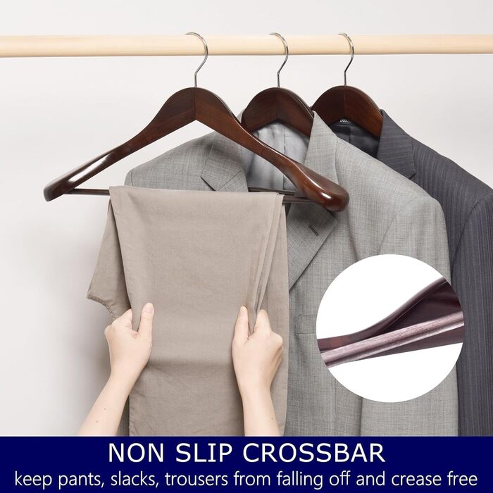 Amber Home 10-Piece 44.5cm Retro Wooden Clothes Hangers with Wide Shoulders (5.8cm), Robust and Glossy Antique Brown Hanger with Round Bar for Suit, Jacket, Coat, Shirt, Pants