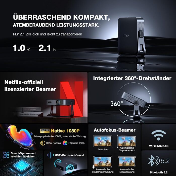 Міні-проектор Smart Beamer 4K з автофокусом та корекцією трапецеїдальних спотворень. Підтримка Netflix, WiFi6, Bluetooth, 25000 люмен, Full HD 1080P. 360° обертання для дому та вулиці. Сумісний з телефоном. Модель A-25000L