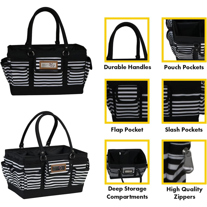 Everything Mary Blaugruner, geometric deluxe store and tote bag, organizer for crafts, sewing, paper, art, desk, canvas, accessories, storage with handles for travel (black and white stripes)