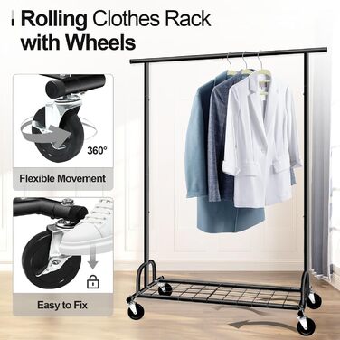 Heavy-Duty Clothes Rack, SPECILITE 2-in-1 Clothes Rack Stable with Wheels and Shelves, Load Capacity 217 KG, Adjustable Metal Heavy-Duty Garment Rack on Wheels (Black)
