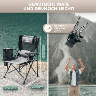 Складний туристичний стілець NATURBUMMLER® Cloud Sit+ сірого кольору – 150 кг, дихаюча сітка, висока спинка, для кемпінгу, риболовлі, саду та відпочинку на природі