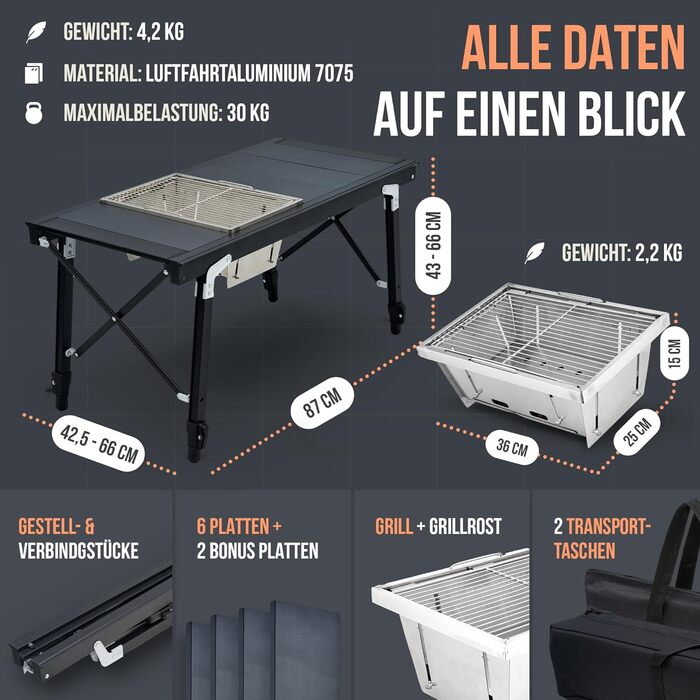 Стол для кемпінгу Castra Premium з грилем – алюміній 7075, регульована висота, вологостійкий, складаний, багатофункціональний, аксесуари для кемпінгу, саду, подорожей та риболовлі