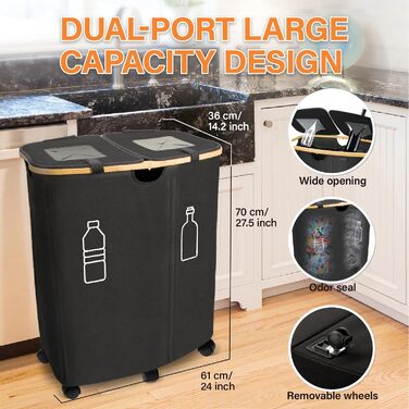 Deposit bottle collection container with lid & 2 removable carrying bags, large deposit bottle storage, container for empties & glass recycling, kitchen pantry bottle bag (150L)