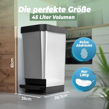 Novaliv Відро для сміття з педальним приводом 45L - сталеве відро для сміття з кришкою, герметичне, для кухні та інших приміщень