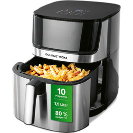 Gourmetmaxx 4-in-1 Digital Air Fryer | Powerful Air Fryer 2200 W | Low-Fat + Energy-Saving Frying with Touch Display & Timer Function - 7.5L | [Includes 10 Programs] Stainless Steel / Black 7.5 Liters