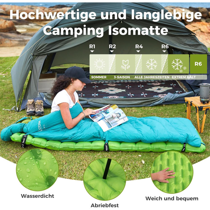 ATEPA ThermAir ізомат для кемпінгу та трекінгу, 6R, R-значення 6.6, 7 камер, компактний, з сумкою, 9см товщина, 9см зелений