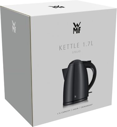 WMF Stelio Electric Kettle, Stainless Steel, 1.7L, Electric Kettle with Scale Filter, 2400 W, Illuminated Water Level Indicator, Matte Black Stainless Steel