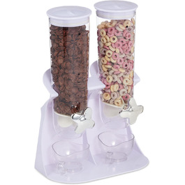 Relaxdays Double Cereal Dispenser, Cereal Dispenser for Muesli, Cornflakes, Sweets, Snack Dispenser Plastic, White, 1 Piece