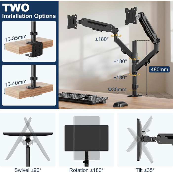 Тримач для монітора на 2 монітори, 17-40 дюймів, до 12 кг, вертикальне/паралельне кріплення, кріплення на клямці та гвинті, VESA 75/100 мм