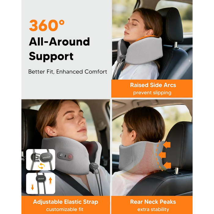 Подушка для шиї Arboleaf з підігрівом для подорожей: Memory Foam, USB-C зарядка, ергономіка 360°, проти болю в шиї, сіра
