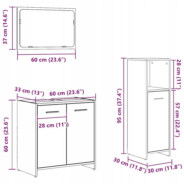 Комплект меблів для ванної кімнати (3 предмети), Дуб Artisan