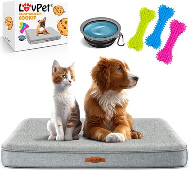 Lovpet® Orthopedic Dog Bed, Dog Cushion, Dog Basket Cookie, Incl. Bowl + 3X Chew Bones, Dog Sofa for Small, Medium & Large Dogs, Removable and Washable Cover, L 91x69x7.6 cm Anthracite (L (91 x 69 x 7.6 cm), Grey / Light Grey)