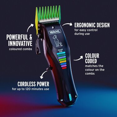 Машинка для стрижки собак WAHL Color Pro: бездротова, акумуляторна, з кодованими гребінцями, тиха, чорна