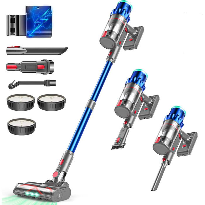 PINICO Бездротовий акумуляторний пилосос 550W з автоматичним режимом та щіткою Anti-Tangle, для твердих підлог, килимів та шерсті тварин (Blue+grey)