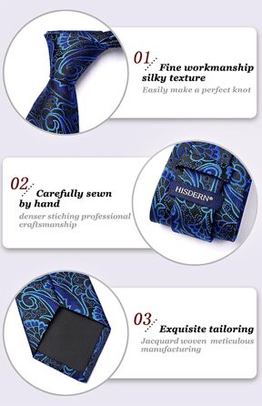 Кравка для чоловіків HISDERN: комплект краватки та нагрудного хустинки з патерном пейслі, формальна класична краватка для весілля, синього та чорного кольорів